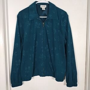Alfred Dunner Petite Women’s 14P Dark Teal Corduroy Zip Jacket Floral Elastic